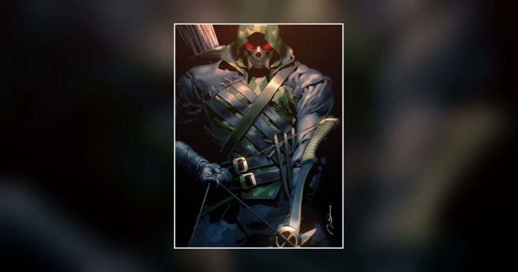 Düstere Absolute-Green-Arrow-Version mit Totenkopfmaske und gespanntem Bogen