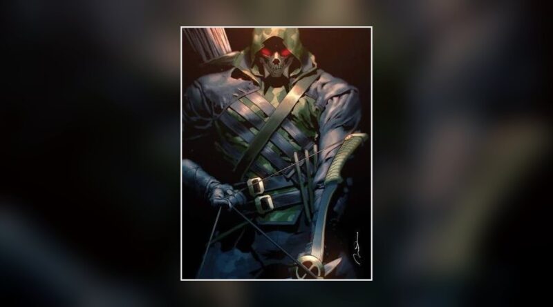 Düstere Absolute-Green-Arrow-Version mit Totenkopfmaske und gespanntem Bogen